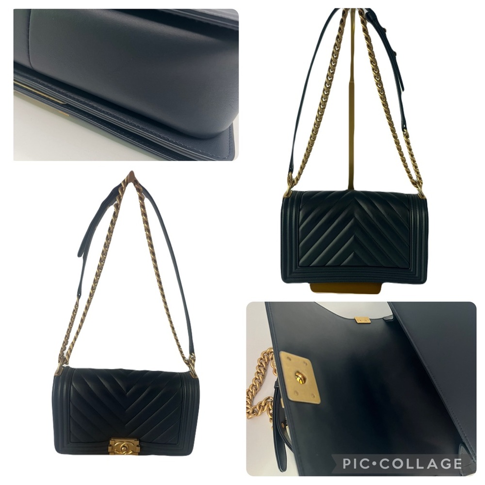 Authentic Chanel Medium Flap Lambskin Le Boy Chevron Navy & Brushed Gold - Picture 10 of 16